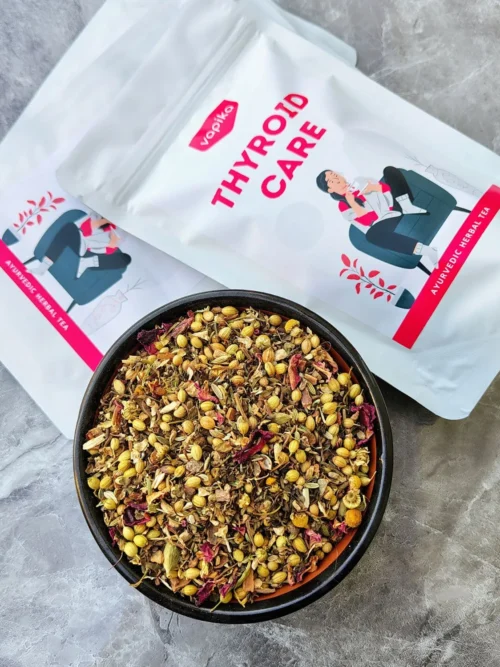 Actual picture of thyroid care tea pack and the tea ingredients in a bowl.