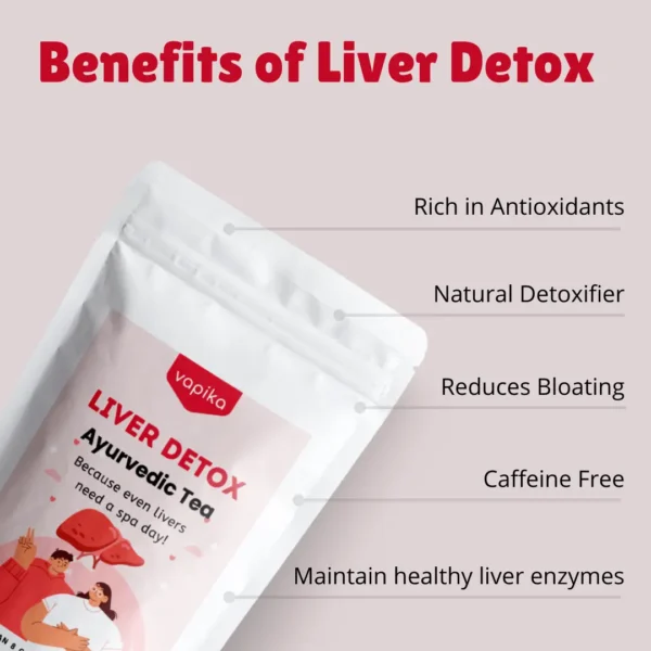 Benefits of Vapika Liver Detox Tea – natural Ayurvedic tea rich in antioxidants, reduces bloating, caffeine free, supports healthy liver enzymes