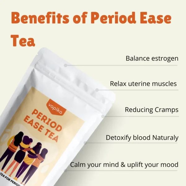 Vapika Period Ease Herbal Tea – balances estrogen, relaxes uterine muscles, reduces cramps, detoxifies blood naturally, uplifts mood.