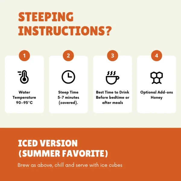 Steeping instructions for Vapika Period Ease Tea – water temperature 90–95°C, steep 5–7 minutes, best before bedtime or after meals, optional honey