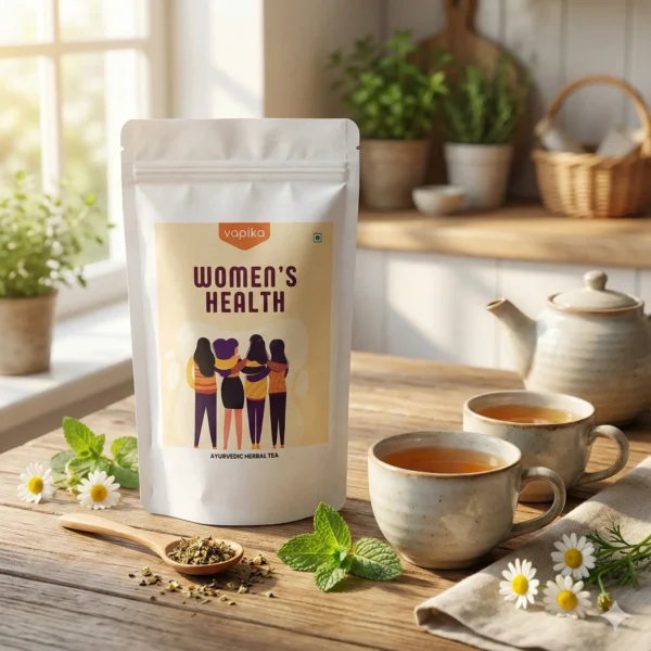 A picture of women health tea for hormonal imbalance and pcod. This tea uses ashoka, lodhra, shatavari and dried jasmine flowers.